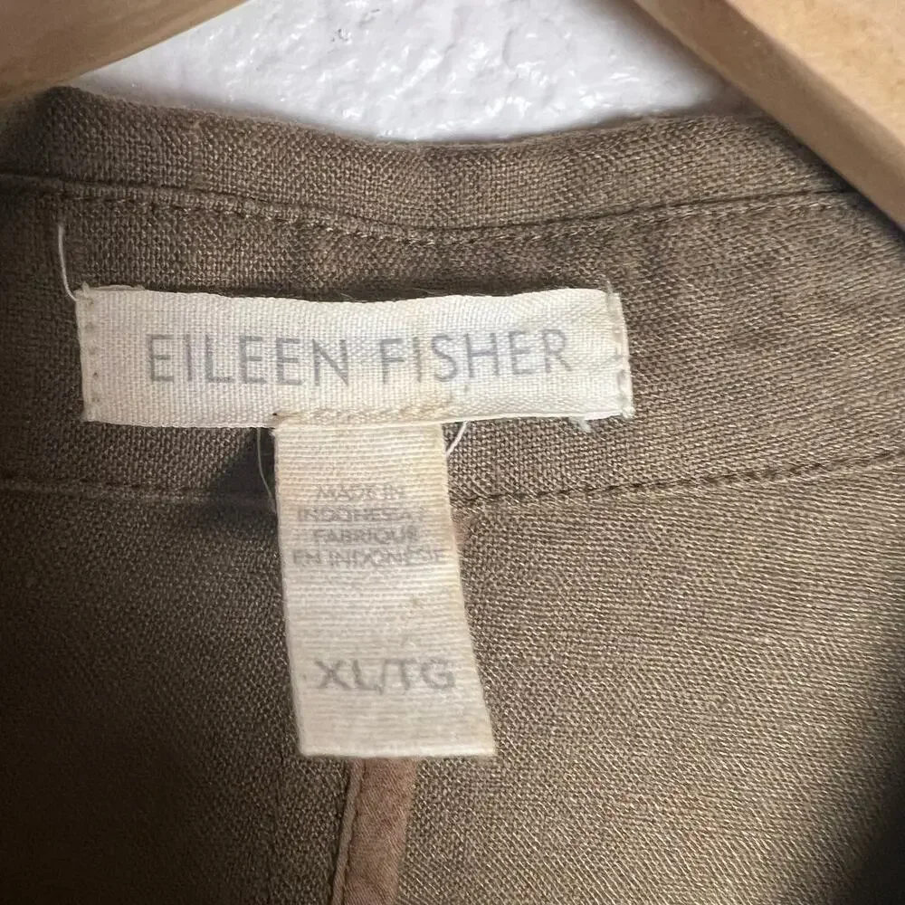 Eileen Fisher Organic Linen Olive Green Notch Collar Blazer Jacket Size XL